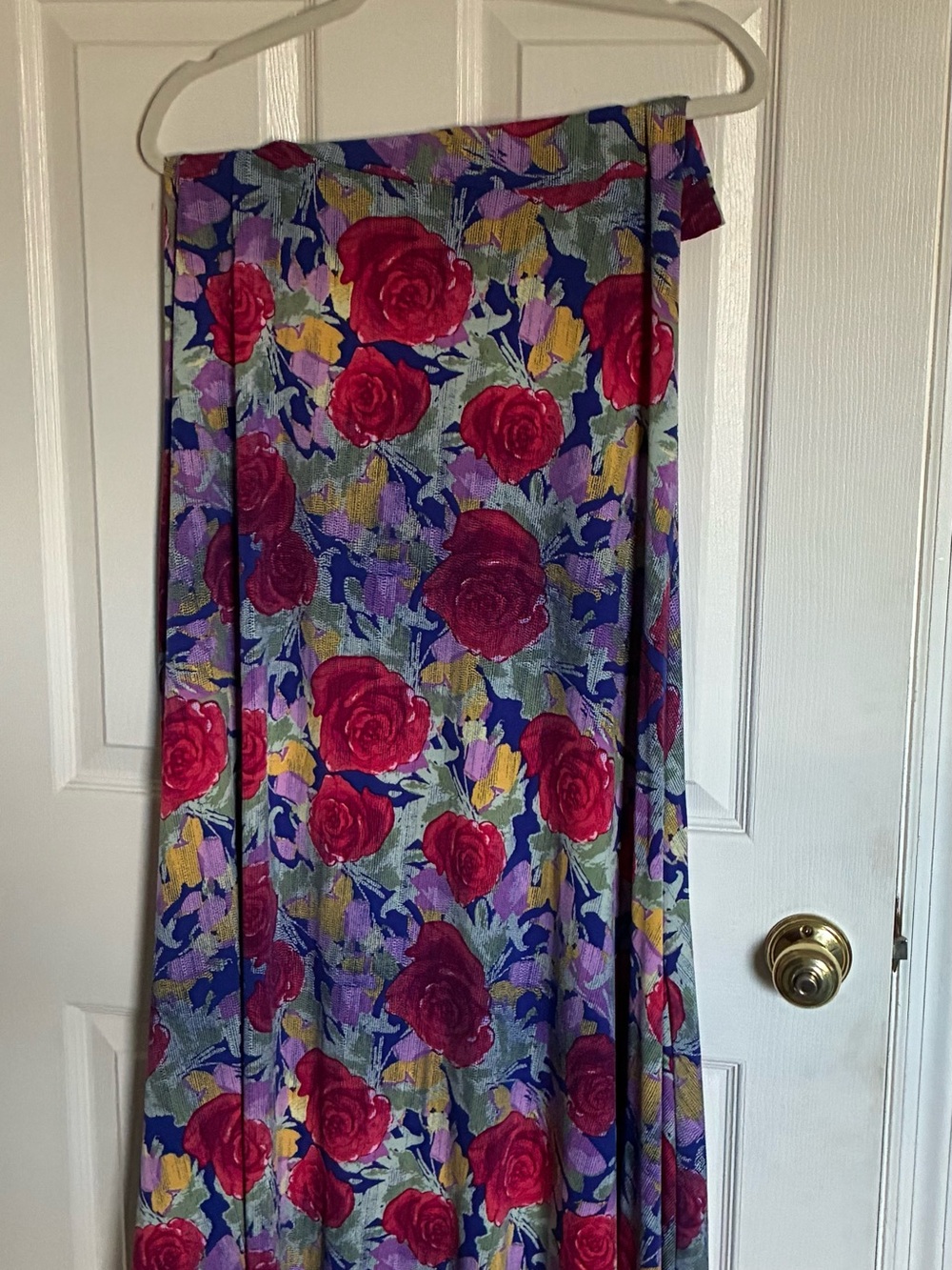 LuLaRoe Maxi Skirt with Bright Red Rose Print on Blue and Purple